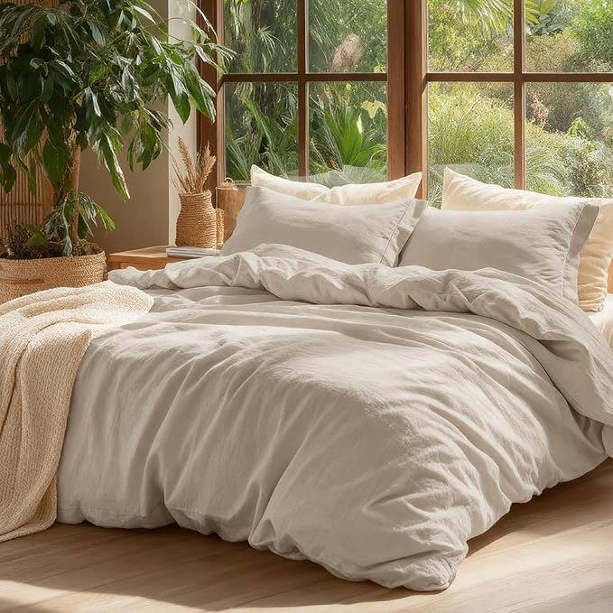 Bedsure 100% Washed Cotton Duvet Cover Twin - Oatmeal Minimalist Cotton Duvet Cover Linen Like for All Seasons - GentleSoft™ Plain Simple Bedding (Oatmeal, Twin, 68"x90")