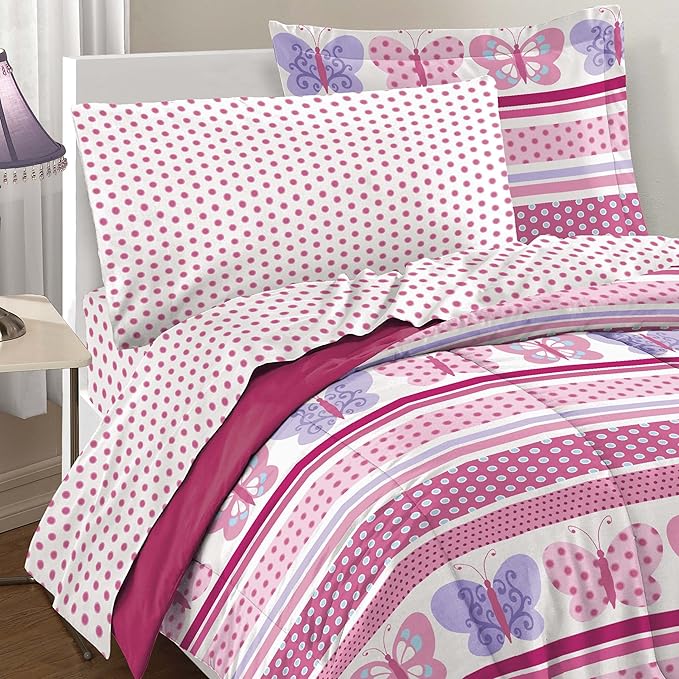 Dream Factory Butterfly Dots Ultra Soft Microfiber Girls Comforter Set, Pink, Full