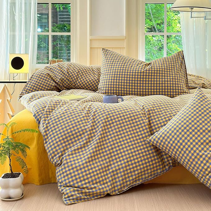 LifeTB Gingham Comforter Set King Modern Style Checkered Plaid Printed Bedding Comforter Set 3 Pieces Boho Grid Comforter King Fluffy Soft Purple Yellow Gingham Bedding Comforter with 2 Pillowcases