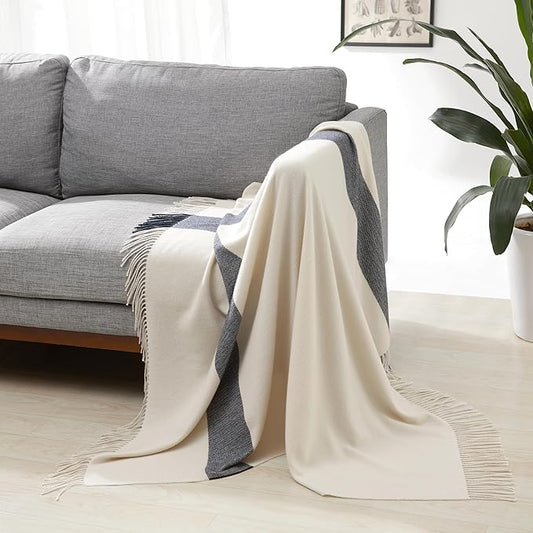 Amazon Basics Room Decor Throw Blanket, Lightweight and Cozy in Polyester, Ivory With Blue Cross-check Pattern, 50"x 60"