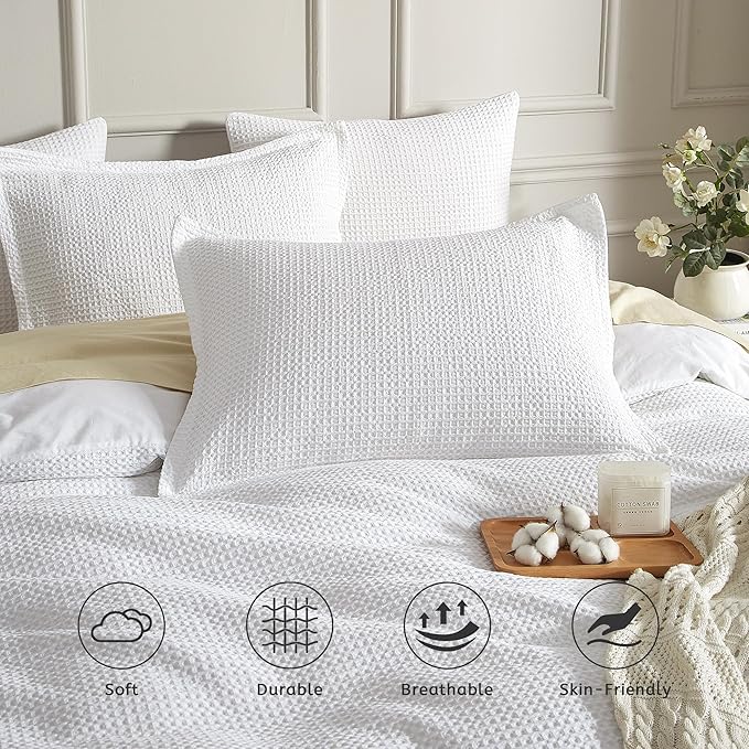 SE SOFTEXLY Waffle Duvet Cover Queen, 100% Cotton Waffle Weave Bedding Duvet Cover Set, Soft and Breathable Comforter Cover for All Season, 3 Pieces Including Pillow Shams（White, 90”x90”）