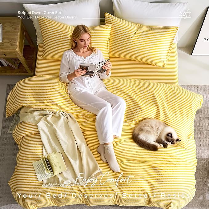 JELLYMONI 100% Natural Cotton 3pcs Striped Duvet Cover Sets,Yellow with White Stripes Pattern Printed Comforter Cover,with Zipper Closure & Corner Ties(Queen Size)