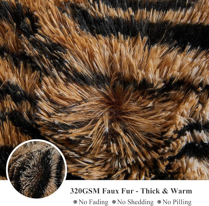 XeGe Tiger Print Fluffy Faux Fur Duvet Cover Set, 3 Pieces Soft Plush Shaggy Fuzzy Bedding Set(1 Farmhouse Comforter Cover + 2 Furry Pillow Cases), Zipper Closure(Queen, Tiger Print Brown)