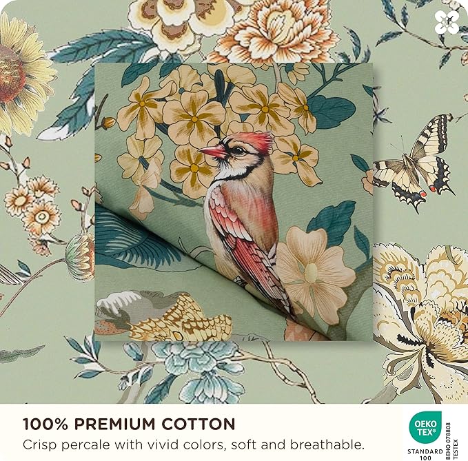 Bedsure 100% Cotton Reversible Floral Duvet Cover Queen Size - Flowers and Birds Pattern Printed Comforter Cover with Zipper Closure & 2 Pillow Shams, Comforter Sold Separately (Green Garden, 90"x90")
