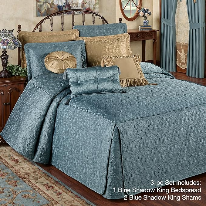Cambridge Classic Luxury Bedding | Bold Blue Shadow Solid Color Polyester Satin | Elaborate Damask Quilting | Fitted, Oversized 24 Inch Drop | 3 Piece Bed Set Includes King Bedspread and 2 King Shams