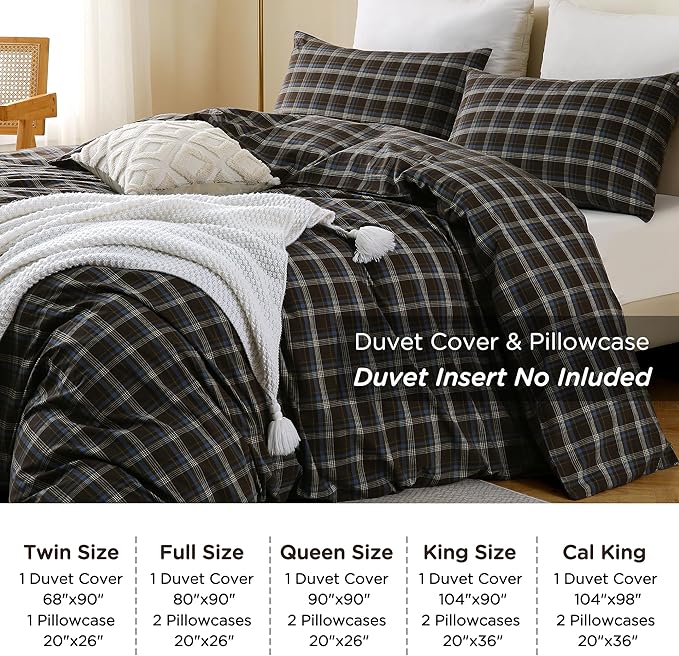 TOCOMOA Buffalo Plaid Duvet Cover Set 100% Washed Cotton Like Linen Feel Super Soft Comfy 3 Piece Brown Blue Gingham Checkered Bedding Comforter Cover Set (Queen 90"x90", Comforter Not Included)