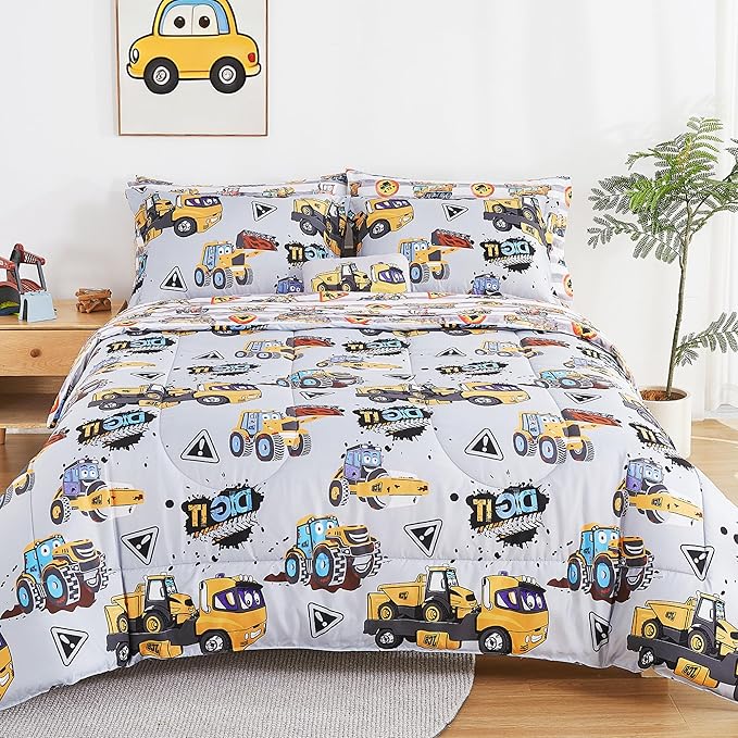 Mooreeke Kids Full Comforter Sets for Boys 8 Pieces Heavy Duty Vehicle Bedding Set for Teens Microfiber Engineering Truck Kids Bed in A Bag with Comforter, Sheet Set, Shams and Decorative Toy Pillow