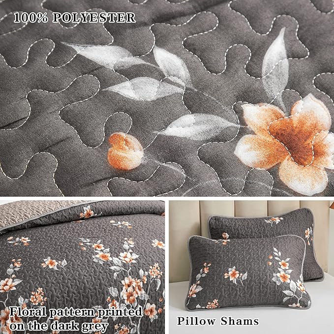 Flysheep 3 Pieces Quilt Set Full/Queen Size, Dark Gray Floral Reversible Bedspread Coverlet Set, Soft Microfiber Lightweight Bed Cover for All Season (90" x 90", 1 Quilt+ 2 Pillow Shams)