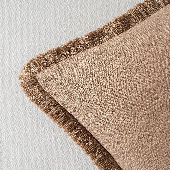 MIULEE Decorative Throw Pillow Covers Neutral Linen Fringe Throw Pillows Set of 2 Brown Boho Farmhouse Cushion Covers with Tassels for Couch Sofa Bed Living Room Spring Home Decor 16x16 Inch