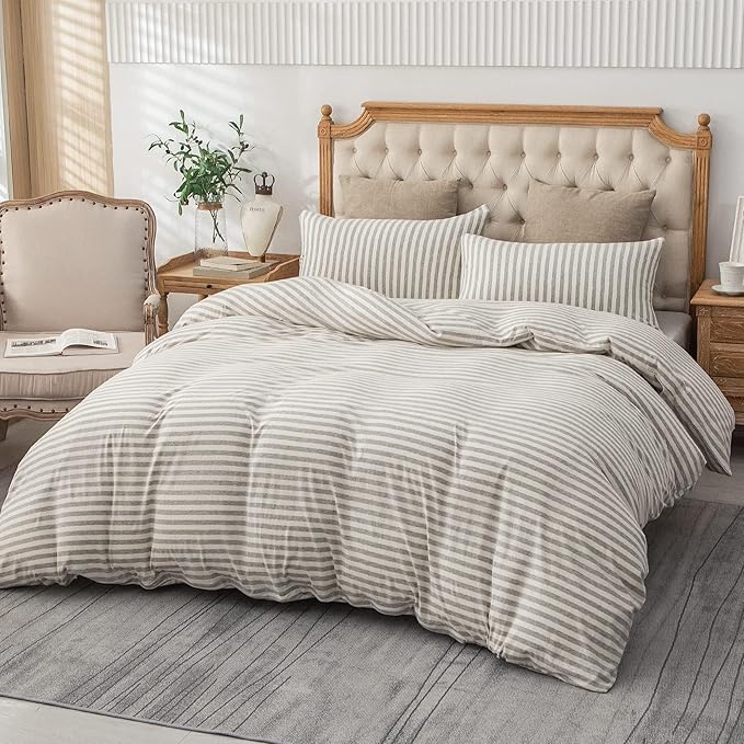 PURE ERA Jersey Knit Duvet Cover Set 100% T-Shirt Heather Cotton Super Soft Comfy Classic Striped with Zipper Closure, Grey & White Stripe, California King