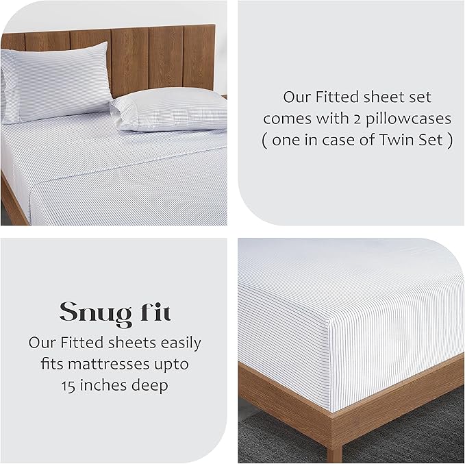 LANE LINEN Twin XL Fitted Sheet, 100% Organic Cotton 2-Piece Set (1 Fitted Sheet, 1 Pillowcase), Percale Weave, Bottom Sheet, Breathable, Fits Mattress Upto 15" Deep - Ticking Stripe (No Flat Sheet)