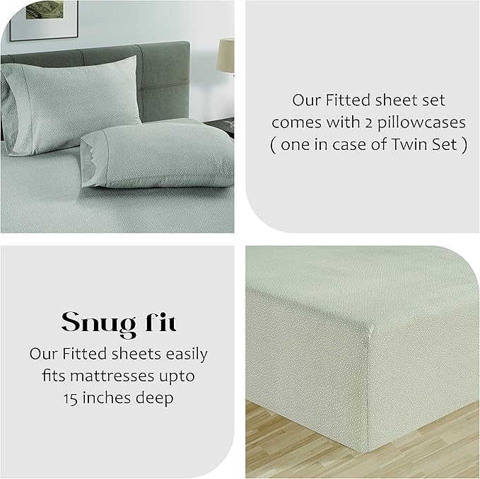 Lane Linen 100% Organic Cotton Fitted Sheet Queen, 3 PC Set(1 Fitted Sheet,2 Pillowcases) Soft Percale Weave, Queen Size, Soft, Breathable, Fits Mattress Upto 15" Deep - Grey(White Dot)(No Flat Sheet)