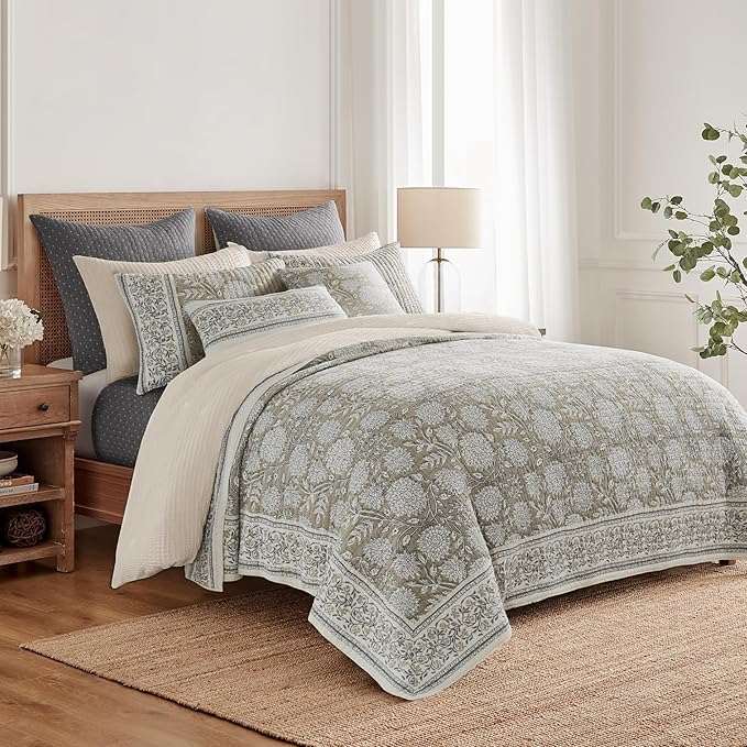 Levtex Home Adare Taupe Reversible King/Cal King Quilt Set (106x92in) and 2 Pillow Shams (36x20in) - Floral Bedding - Taupe White - Cotton King Size Quilt Bedding Set - Lightweight, Soft, Pre-Washed