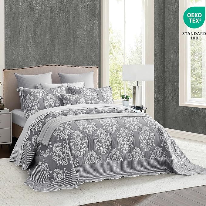 HZ & HY Oversized Queen Bedspread, Jacquard Matelasse Damask Pattern Design, Lightweight, Reversible, 5 Piece, 100% Microfiber, Queen, Grey
