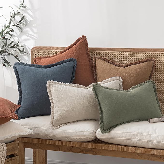 MIULEE Decorative Throw Pillow Covers Neutral Linen Fringe Throw Pillows Set of 2 Brown Boho Farmhouse Cushion Covers with Tassels for Couch Sofa Bed Living Room Spring Home Decor 16x16 Inch