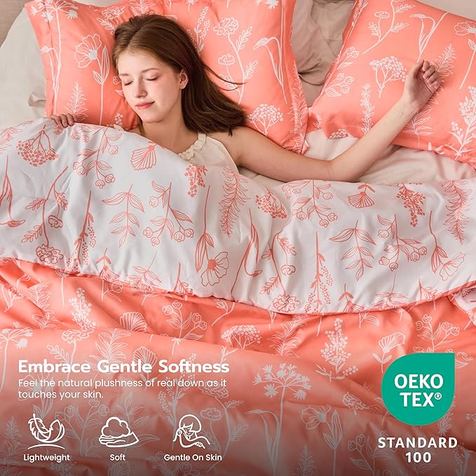 Joiedomi Queen Comforter Set Coral Orange, 3 Pieces Floral Queen Bedding Set with 1 Soft Reversible Botanical Comforter and 2 Pillow Shams, Bed in a Bag for All Seasons