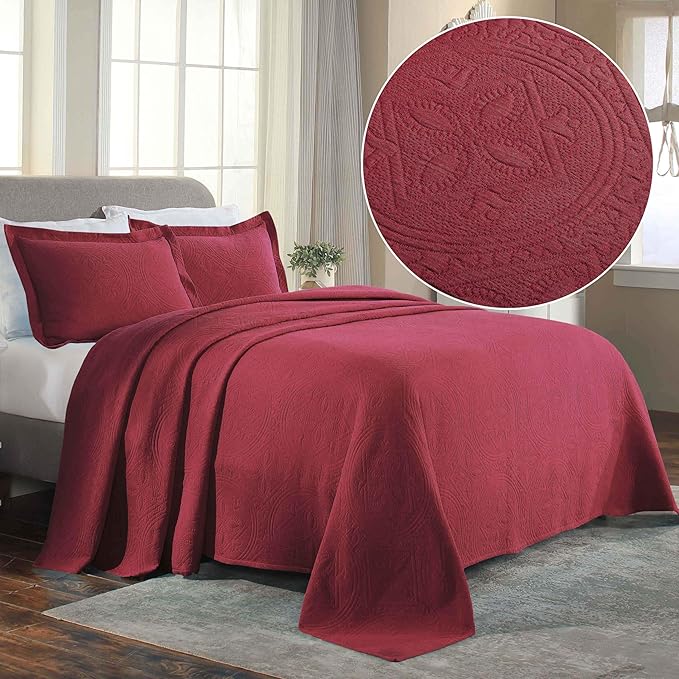 Superior 2 Piece Celtic Circles Cotton Bedspread Set, Decorative Bed Spread, Home Bed Decor, 1 Pillow Sham, Medium Weight Blanket, Matelasse Coverlet Bedding, Wedding Ring Design, Full, Burgundy