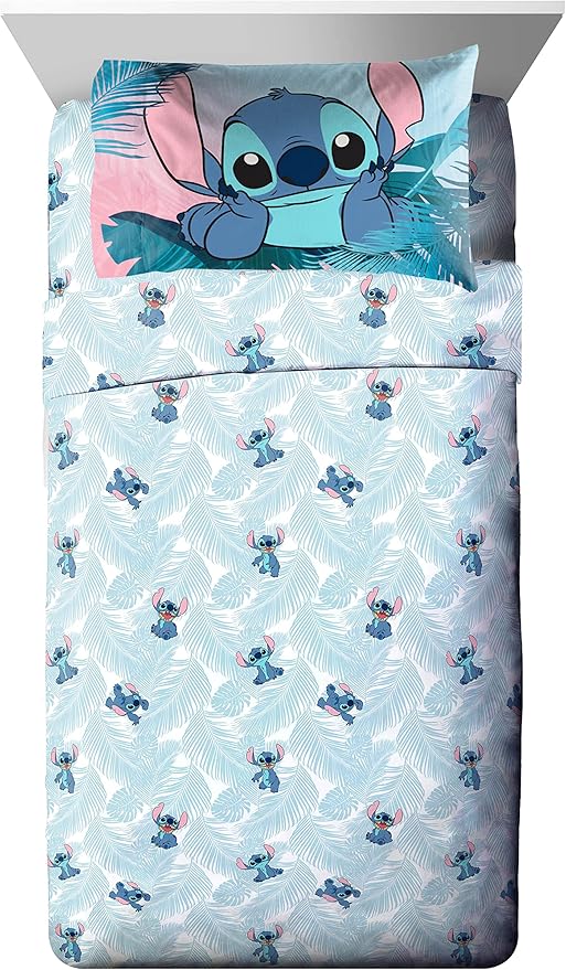 Jay Franco Disney Lilo & Stitch Floral Fun 7 Piece Full Bed Set - Includes Reversible Comforter & Sheet Set Bedding - Super Soft Fade Resistant Microfiber - (Official Disney Product)