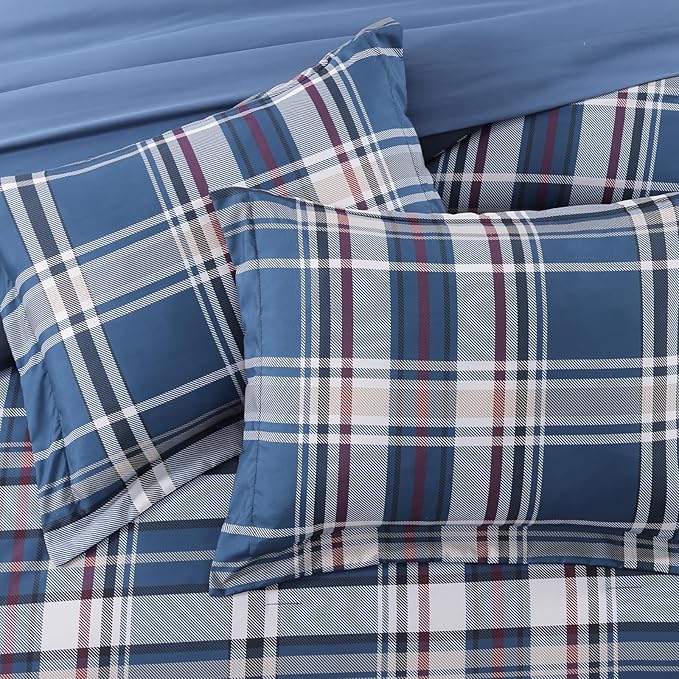 Plaid Twin XL Comforter Set Medium Blue, Bedding Set 5 Pieces for Boys Girls Teen, Lightweight Bed in a Bag for Dorm with Sheets, Pillowcase & Sham