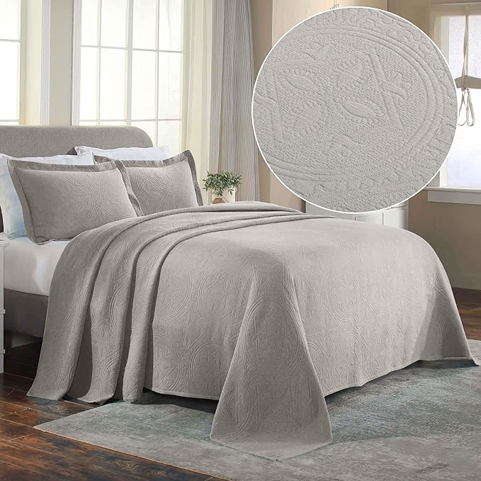 Superior 2 Piece Celtic Circles Cotton Bedspread Set, Decorative Bed Spread, Home Bed Decor, 1 Pillow Sham, Medium Weight Blanket, Matelasse Coverlet Bedding, Wedding Ring Design, Full, Platinum