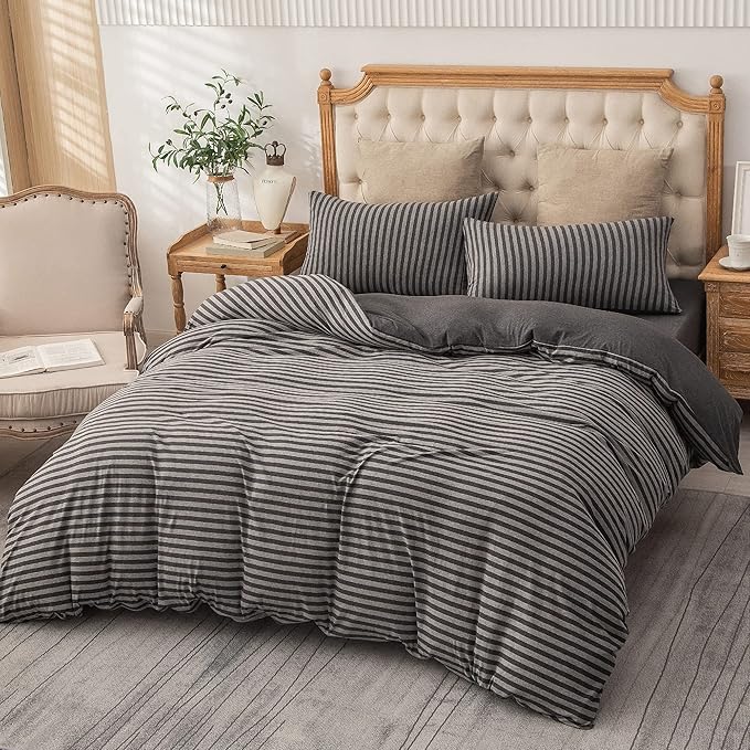 PURE ERA Jersey Knit Duvet Cover Set 100% T-Shirt Heather Cotton Super Soft Comfy Classic Striped Design, with Zipper Closure, Charcoal Dark Grey Stripe, Cal King