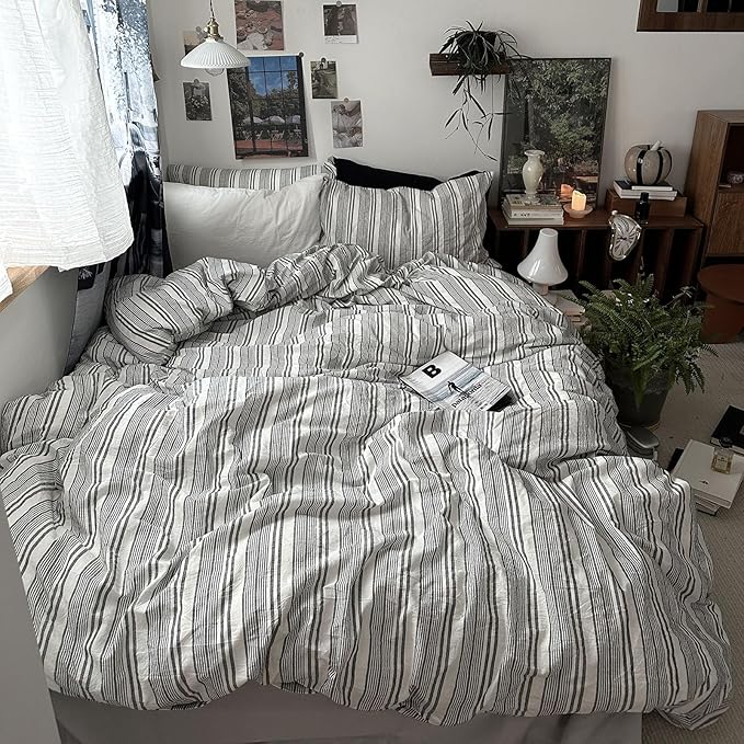 mixinni Vintage Gray & White Striped Duvet Cover Set - 3 Piece 100% Washed Cotton King Size Bedding | Minimalist Gender-Neutral Design | Ultra-Soft Breathable, with Zipper Closure & Corner Ties