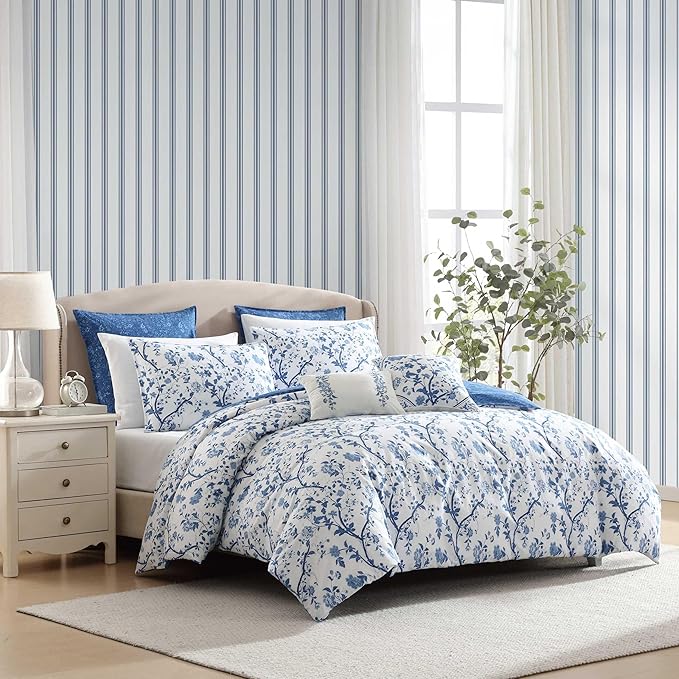 Laura Ashley - King Comforter Set, Reversible Cotton Bedding, Includes Matching Shams with Bonus Euro Shams & Throw Pills (Elise Blue, King)