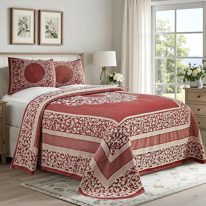 Superior Cotton Blend Bedspread Set, Includes Oversized Bedspread and 2 Matching Pillow Shams, Light Weight Blanket, Bedding Decor, Jacquard Vintage Floral Mandala, Lyron Collection - Twin, Berry Red