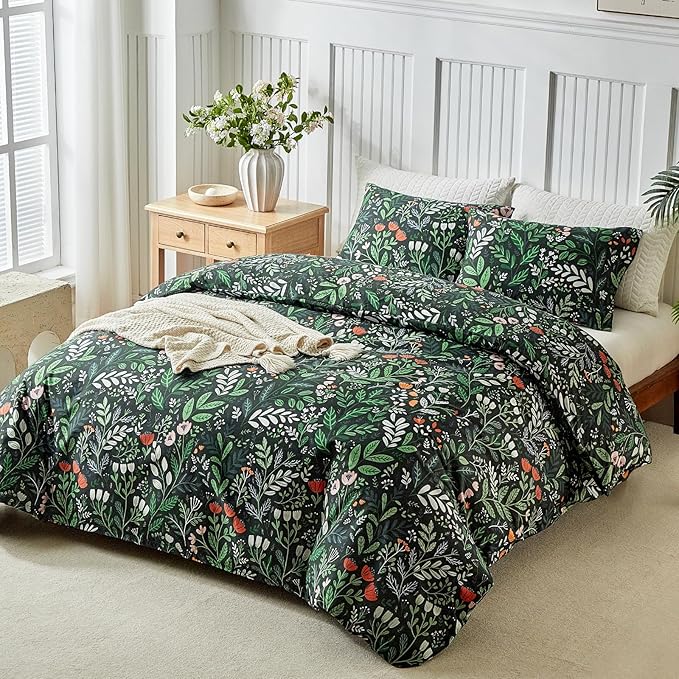Lekesky Queen Size Reversible Duvet Cover, Duvet Cover Queen Size 3 Piece Romantic Garden Microfiber Botanical Bedding Set with Zipper Closure Corner Ties