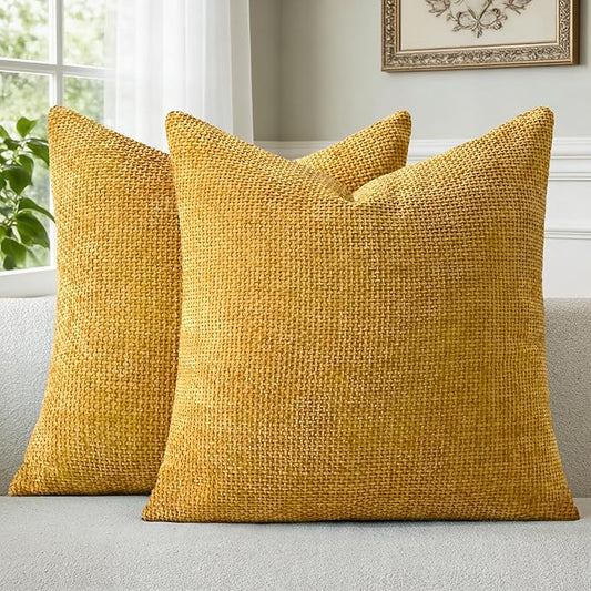 a moment Fall Mustard Yellow Chenille Throw Pillow Covers 16x16 Inch Pack of 2 Modern Decorative Throw Pillow Covers Farmhouse Cross Covers Home Decor for Sofa Bedroom Living Room