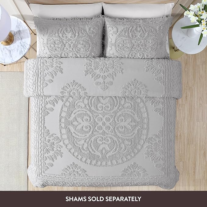 Beatrice Home Fashions Medallion Chenille Bedspread, Queen, Gray