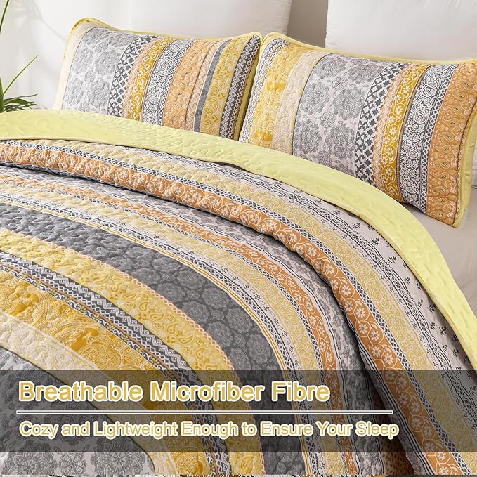WONGS BEDDING Boho Quilt Set Queen Size, Yellow Bohemian 3 Pieces Fall Quilt Sets, Lightweight Bedspread Coverlet Bedding Set for All Season (96"x90")