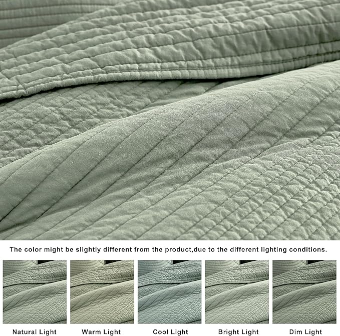 palassio Striped Sage Green 100% Cotton Quilt Queen Size Bedding Sets, Lightweight Crinkly Channel Pick Stitch Textured Bedspread Soft Shabby Chic Farmhouse Country Coverlet for All Season, 2 Shams