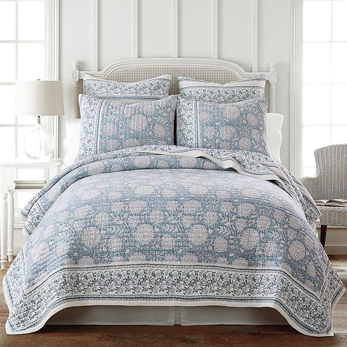 Levtex Home Adare Blue Reversible King/Cal King Quilt Set (106x92in) with 2 Pillow Shams (36x20in) - Floral Bedding - Blue White - Cotton King Size Quilt Bedding Set - Lightweight, Soft, Pre-Washed