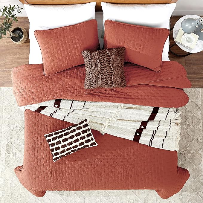 ROARINGWILD Burnt Orange Quilt Sets King Size with Pillow Shams, King Quilt Bedding Set, Lightweight Soft Bedspread Coverlet, Quilted Comforter for All Season