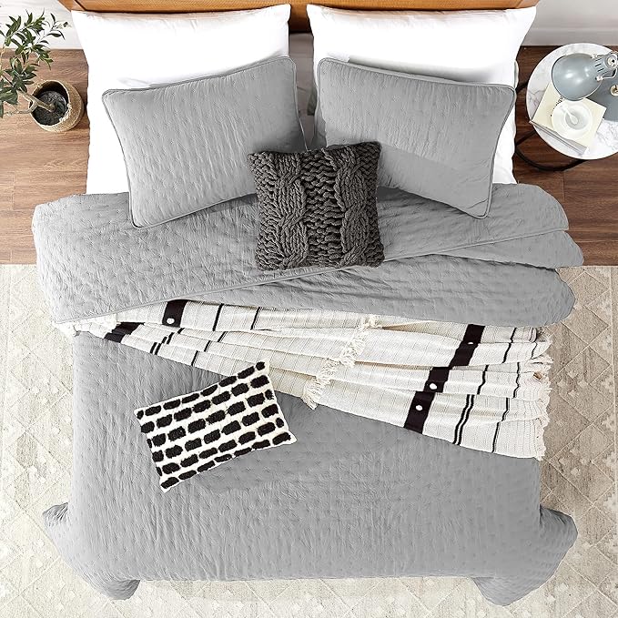 ROARINGWILD Light Grey King Size Quilt Bedding Sets with Pillow Shams, Lightweight Bedspread Coverlet, Quilted Blanket Thin Comforter Bed Cover, All Season Summer Spring, 3 Pieces, 104x90 inches