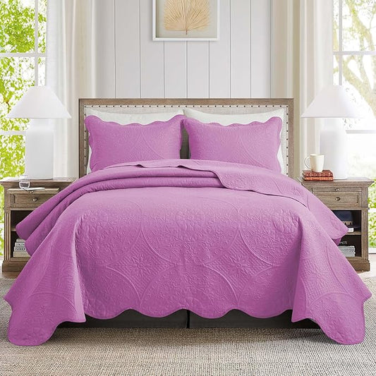 MOONLIGHT20015 Queen Quilt Bedding Set Size (90" x 96") + 2 Pillow Shams (20" x 26"+ 2") - 3 Pcs All Season Lightweight Reversible Embossed Quilt Microfiber Coverlet Floral Bedspread (Purple)