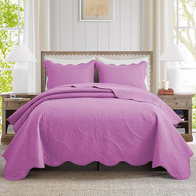 MOONLIGHT20015 10 Pack Queen Quilt Bedding Set (90" x 96") - Bulk Wholesale for Hotels, Guest Bedroom & Airbnbs - Lightweight Microfiber Reversible Floral Embossed Quilts Bedspreads (Purple)