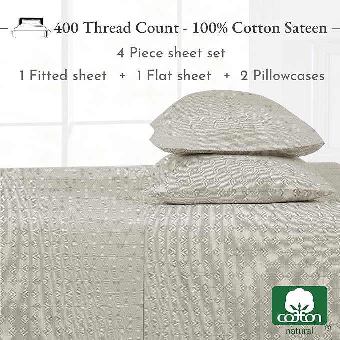 California Design Den Queen Sheet Set - 400 Thread Count Sateen, Natural 100% Cotton Sheet Set Queen Size, Deep Pocket and Durable Bedding - Taupish-Sage Crosshatch