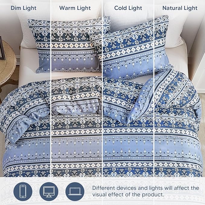 Lekesky Boho Duvet Cover King Size, Blue Comforter Cover King Size White Geometric Floral Printed Duvet Set, 3 Pieces Soft Microfiber Bedding Set with Zipper Ties (King, 104"x90")