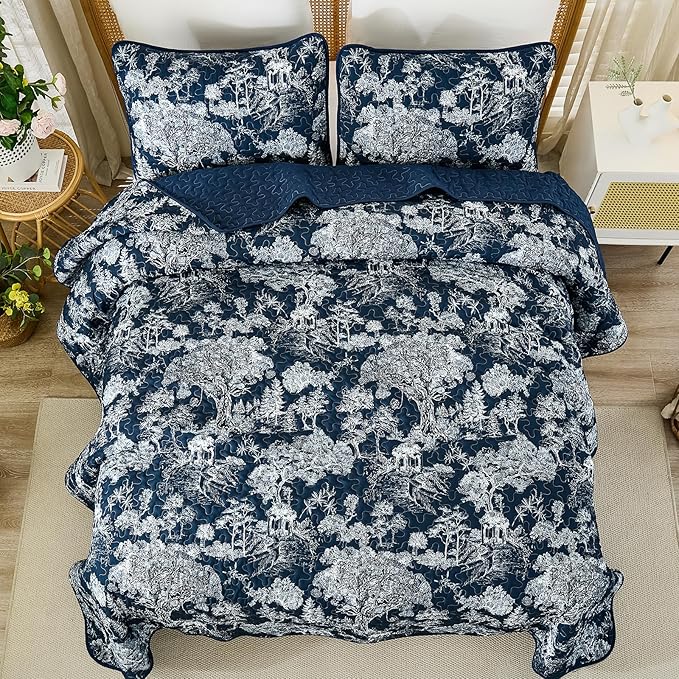 WONGS BEDDING Quilt Set Queen Size,3 Pieces Navy Blue Floral Plants Printed Bedspread Coverlet Set Soft Lightweight Toile Botanical Bedding Set for All Season (96"x90")