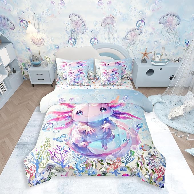 Feelyou Boys Girls Cute Axolotl Comforter Set with Sheets King Size, Ocean Sealife 7 Pieces Bedding Sets Kids Kawaii Bed in A Bag Cartoon Salamander Bed Set