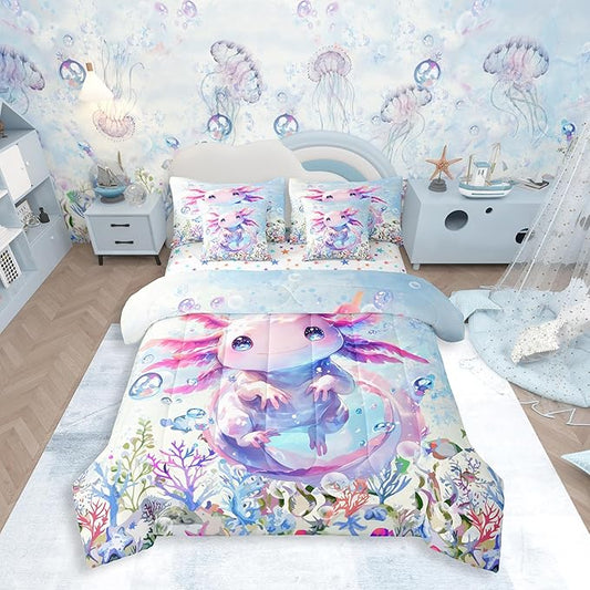 Feelyou Boys Girls Cute Axolotl Comforter Set with Sheets Queen Size, Ocean Sealife 7 Pieces Bedding Sets Kids Kawaii Bed in A Bag Cartoon Salamander Bed Set