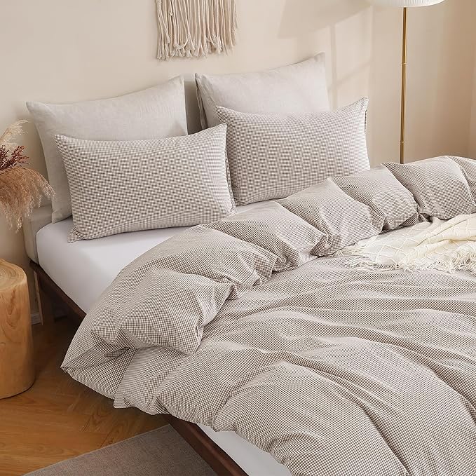 TOCOMOA Mini Gingham Tan Duvet Cover Bedding Set 100% Washed Cotton Like Linen Feel Super Soft Comfy 2 Piece Brown Small Plaid Checkered Fall Comforter Cover Set (Twin 68"x90", Comforter Not Included)