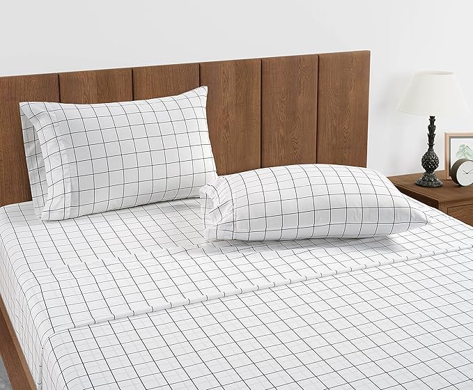 LANE LINEN Twin XL Fitted Sheet, 100% Organic Cotton 2-Piece Set (1 Fitted Sheet, 1 Pillowcase), Percale Weave, Lightweight, Soft, Breathable, Fits Mattress Upto 15" Deep - Windowpane (No Flat Sheet)