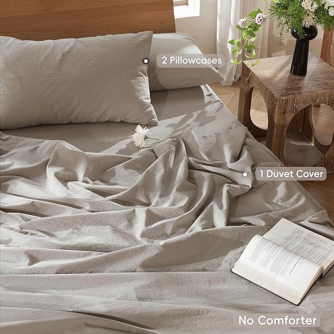 MooMee Bedding Duvet Cover Set 100% Washed Cotton Linen Like Textured Breathable Durable Soft Comfy (Solid Light Tan, Full 80"x90")