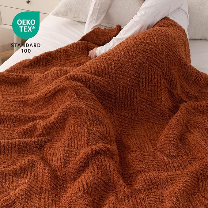 Battilo Fall Decor Caramel Diamond Knit Throw Blanket for Couch and Bed, Soft Textured Chenille Rust Orange Blanket, Cozy Lightweight Decorative Blanket for Sofa, 50"x60"
