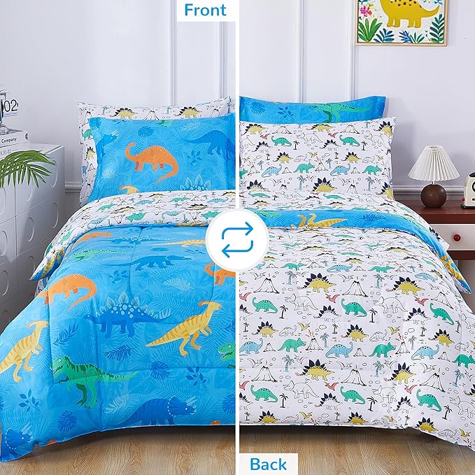Viviland Kids Full Bedding Sets for Boys, Soft Full Comforter Set with Sheets, 7 Pieces Microfiber Bed in a Bag, Blue Dinosaur