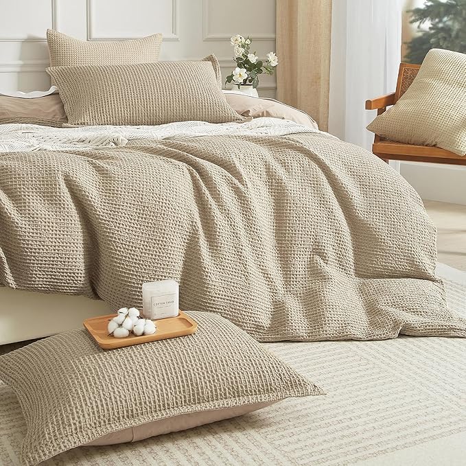 SE SOFTEXLY Waffle Duvet Cover King, 100% Cotton Waffle Weave Bedding Duvet Cover Set, Soft and Breathable Comforter Cover for All Season, 3 Pieces Including Pillow Shams（Khaki, 104”x90”）
