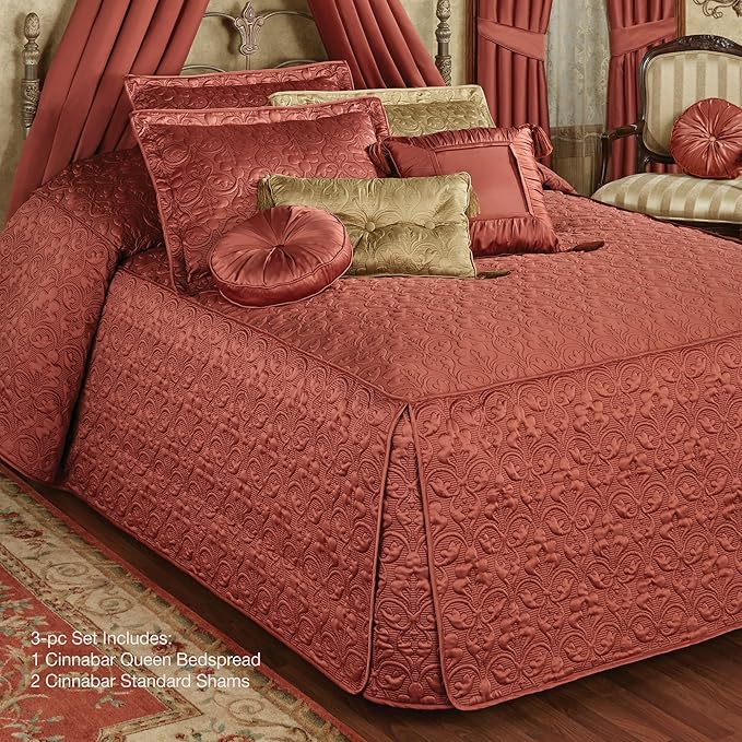 Cambridge Classic Luxury Bedding | Warm Cinnabar Solid Color Polyester Satin | Elaborate Damask Quilting | Fitted, Oversized 24 Inch Drop | 3 Piece Bed Set Includes Queen Bedspread & 2 Standard Shams